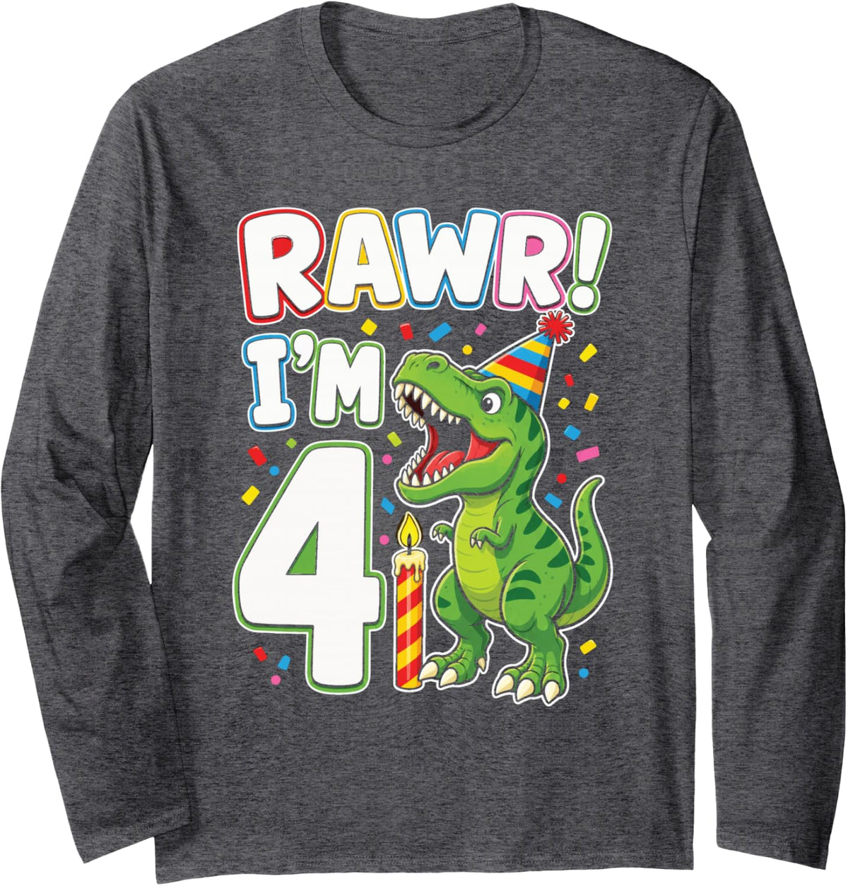 Dinosaur 4th Birthday Boy Rawr I'm 4 T Rex Four Year Old Long Sleeve T-Shirt - Adult Unisex Dark Heather Grey