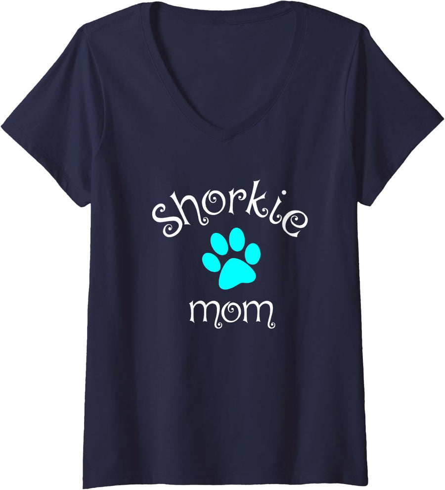 Womens Shorkie Mom Blue Dog Paw V-Neck T-Shirt - Navy Blue