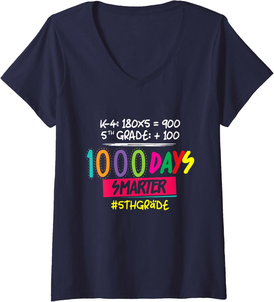 Womens 1000 Days Smarter - Fifth 5th Grade Teacher Student - School V-Neck T-Shirt - Navy Blue