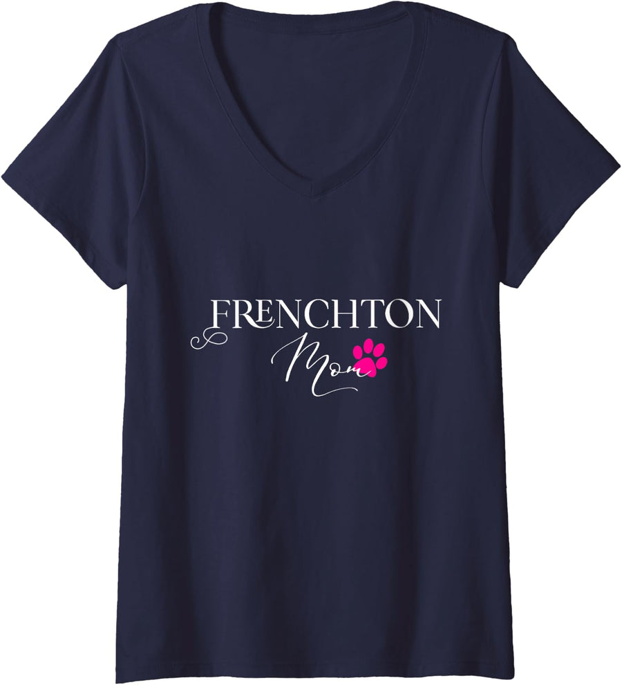 Womens Frenchton Dog Mom V-Neck T-Shirt - Navy Blue