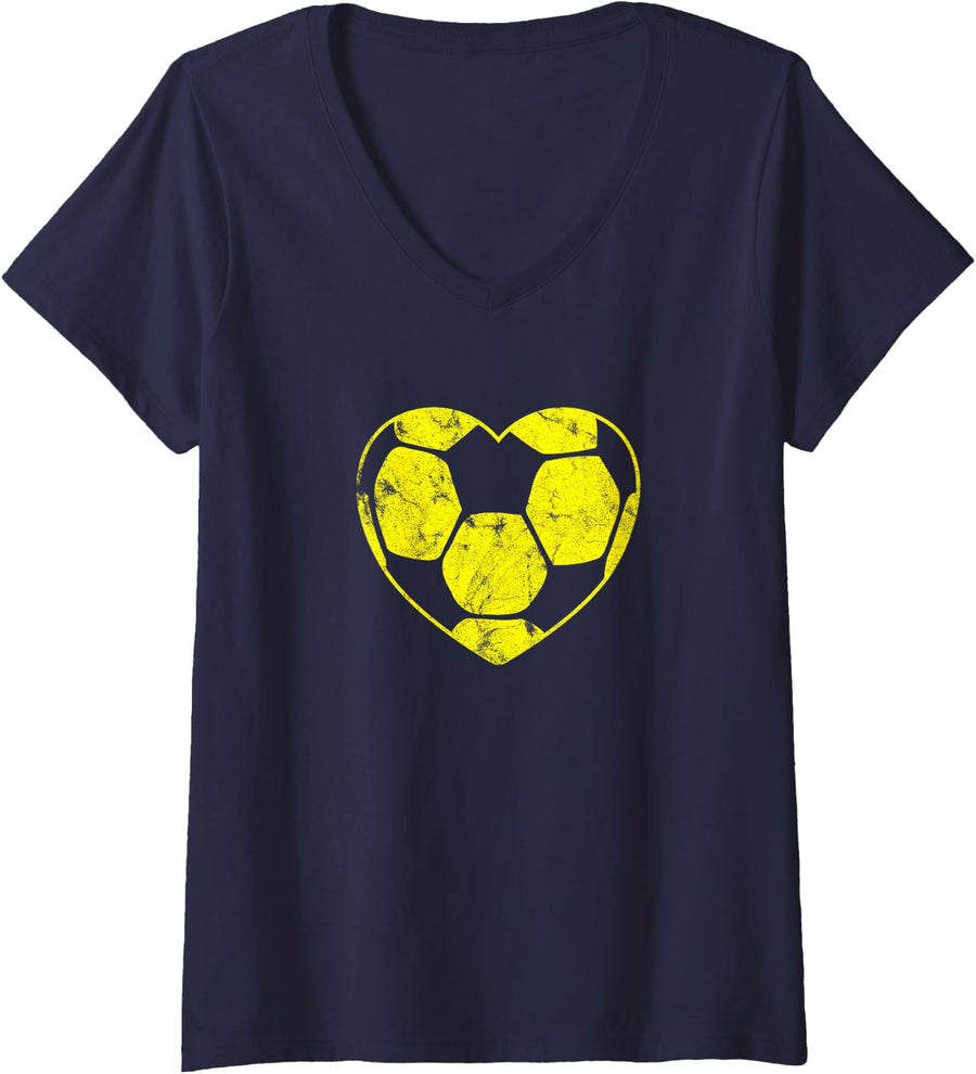 Womens Soccer Ball Shaped Heart Mom Fan Parent Vintage Cute Simple V-Neck T-Shirt - Navy Blue