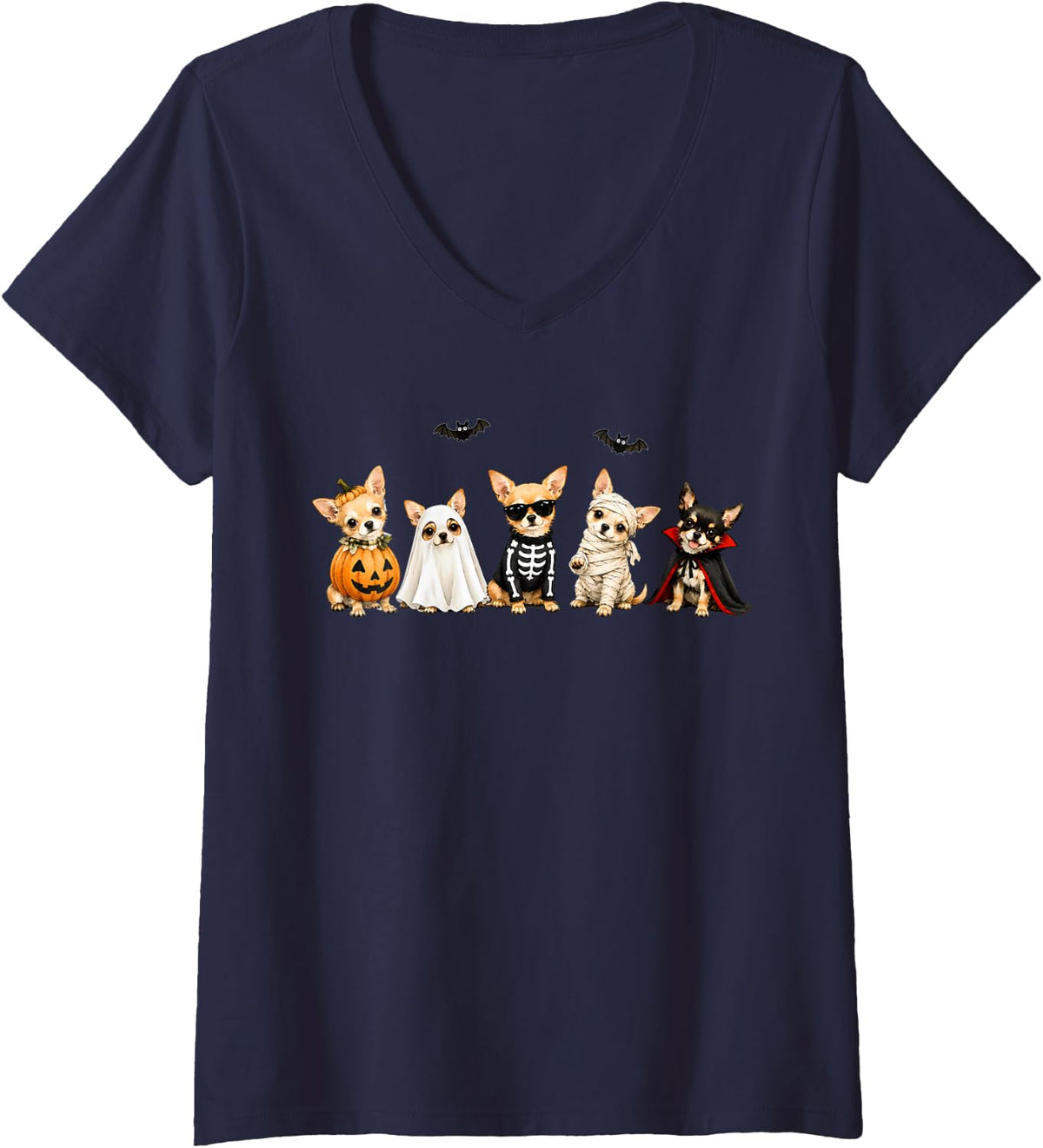 Women's Halloween Chihuahuas Squad Pumpkin Costume Dog Lovers V-Neck T-Shirt - Navy Blue