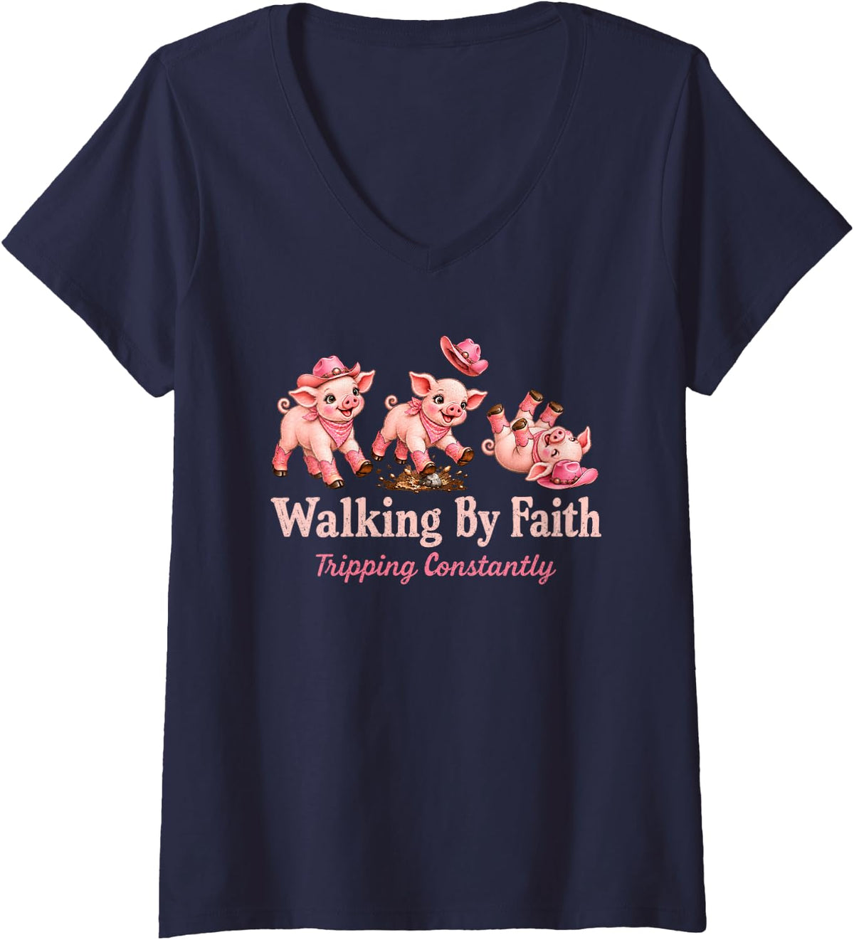 Women's Christian Pig Lover Walking By Faith Tripping Constantly V-Neck T-Shirt - Navy Blue