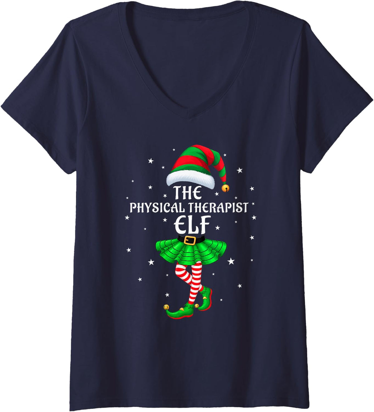 Women's Physical Therapist Elf Christmas Family Matching Xmas Group V-Neck T-Shirt - Navy Blue