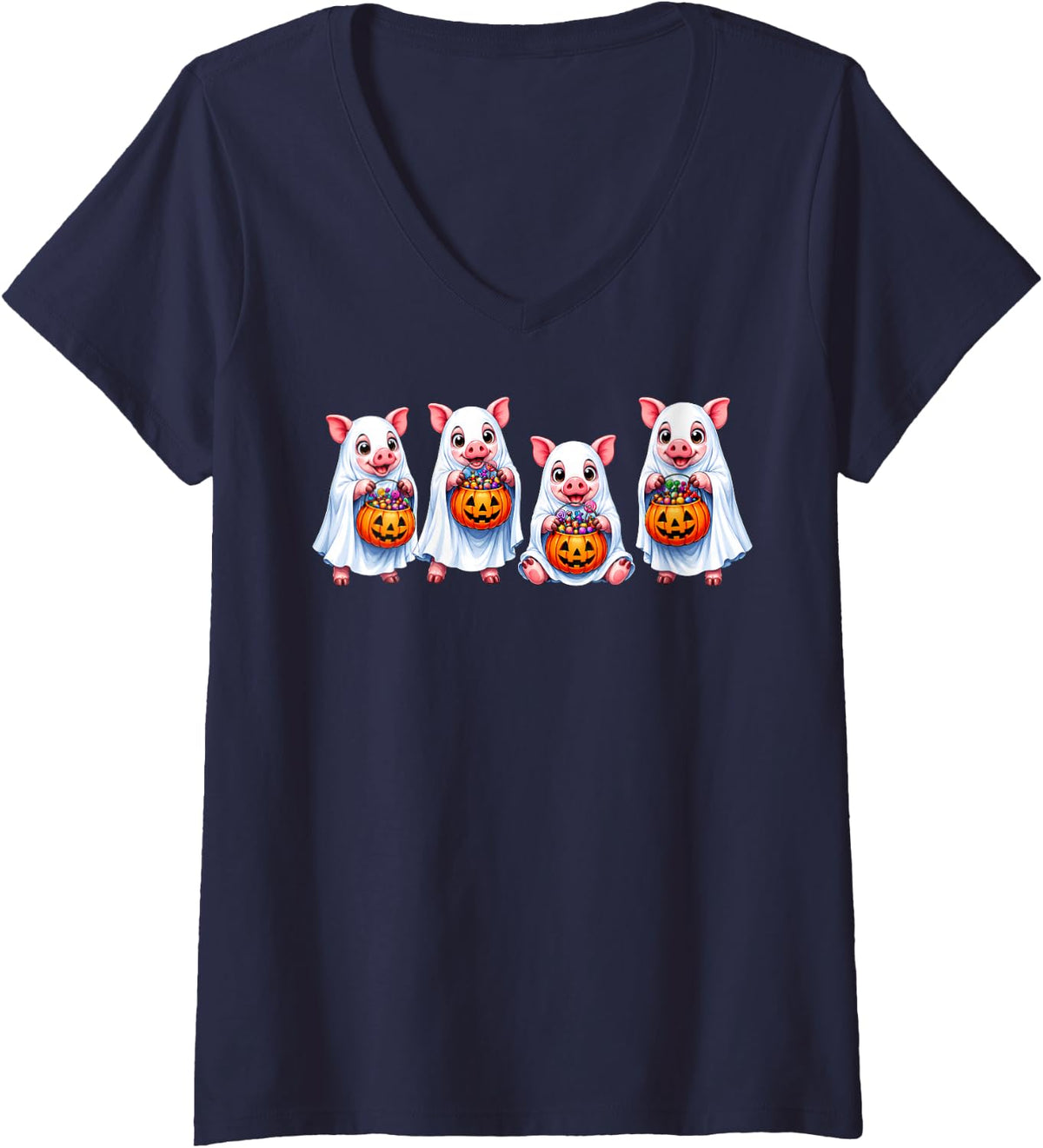 Women's Happy Halloween Day Funny Spooky Pigs in Ghost Costume Kids V-Neck T-Shirt - Navy Blue
