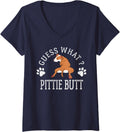 Womens Guess What Pittie Butt Funny Vintage Dog Lover Pitbull V-Neck T-Shirt - Navy Blue