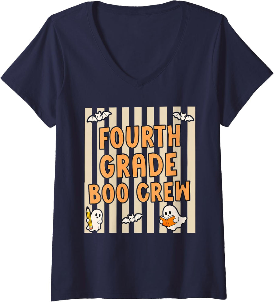 Women's Fourth Grade Boo Crew Spooky 4th Grade Halloween Teacher Boy V-Neck T-Shirt - Navy Blue