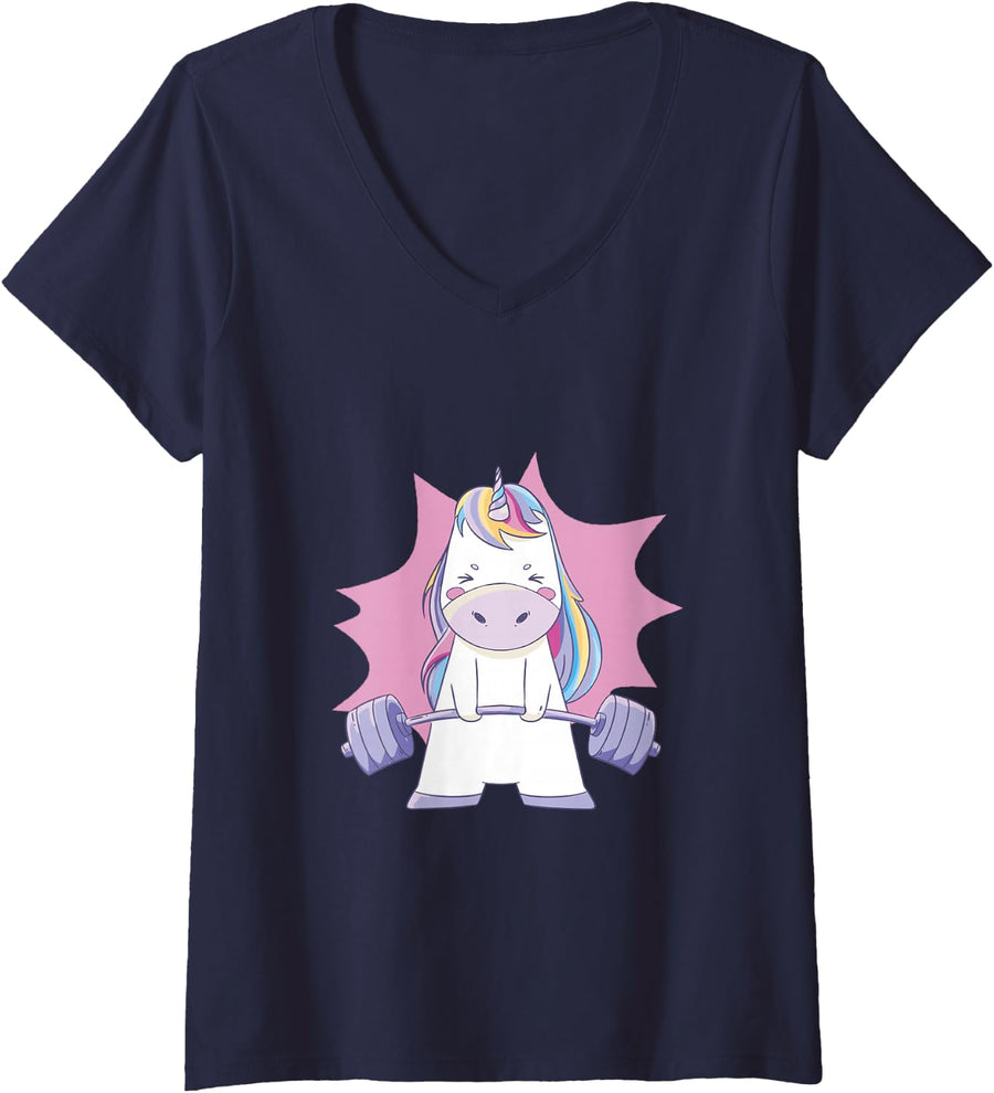 Women's Funny Weightlifting Unicorn Fitness Loaded Barbell V-Neck T-Shirt - Navy Blue