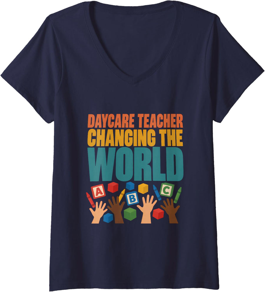 Women's Daycare Teacher Changing the World Daycare Heroes V-Neck T-Shirt - Navy Blue