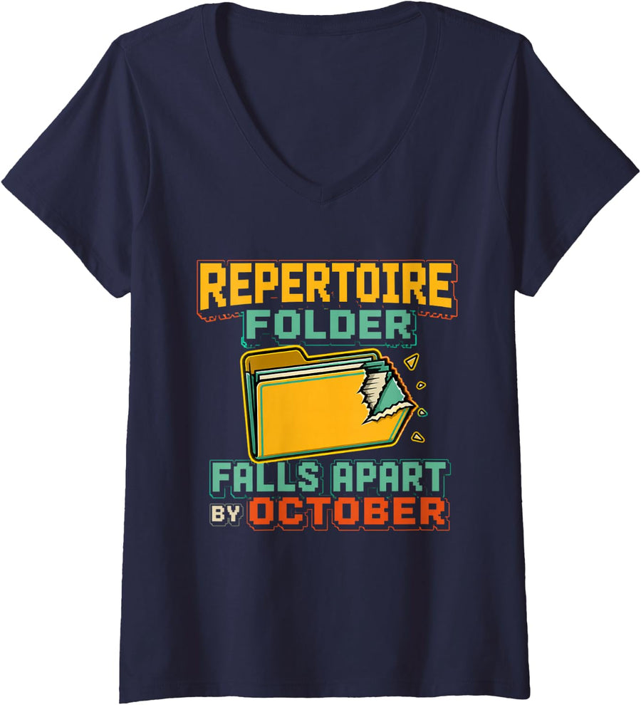 Women's Repertoire Folder Falls Apart By October Band Director V-Neck T-Shirt - Navy Blue