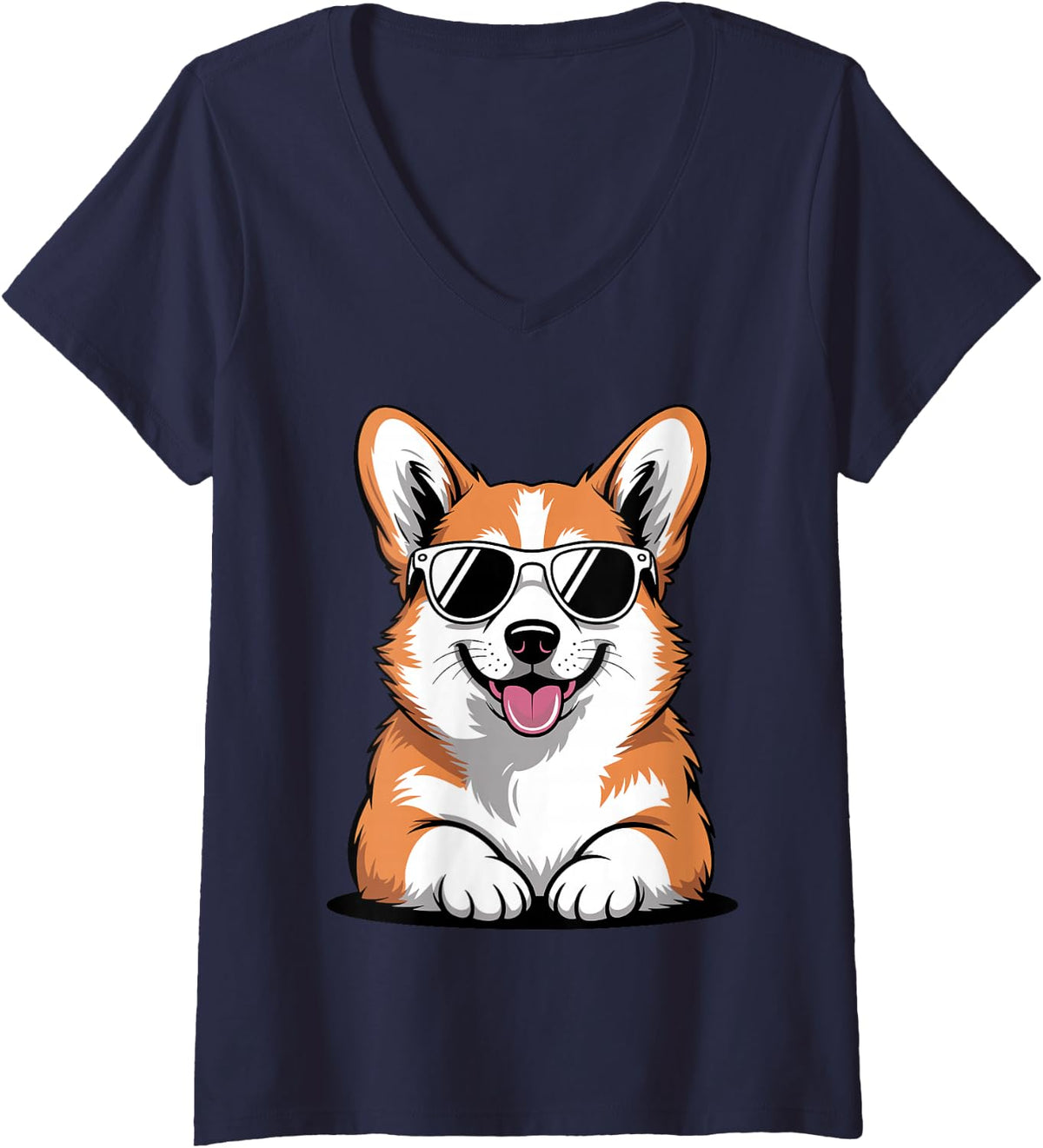 Women's Cute Corgi Art for Men Women Kids Dog Cardigan Welsh Corgi V-Neck T-Shirt - Navy Blue