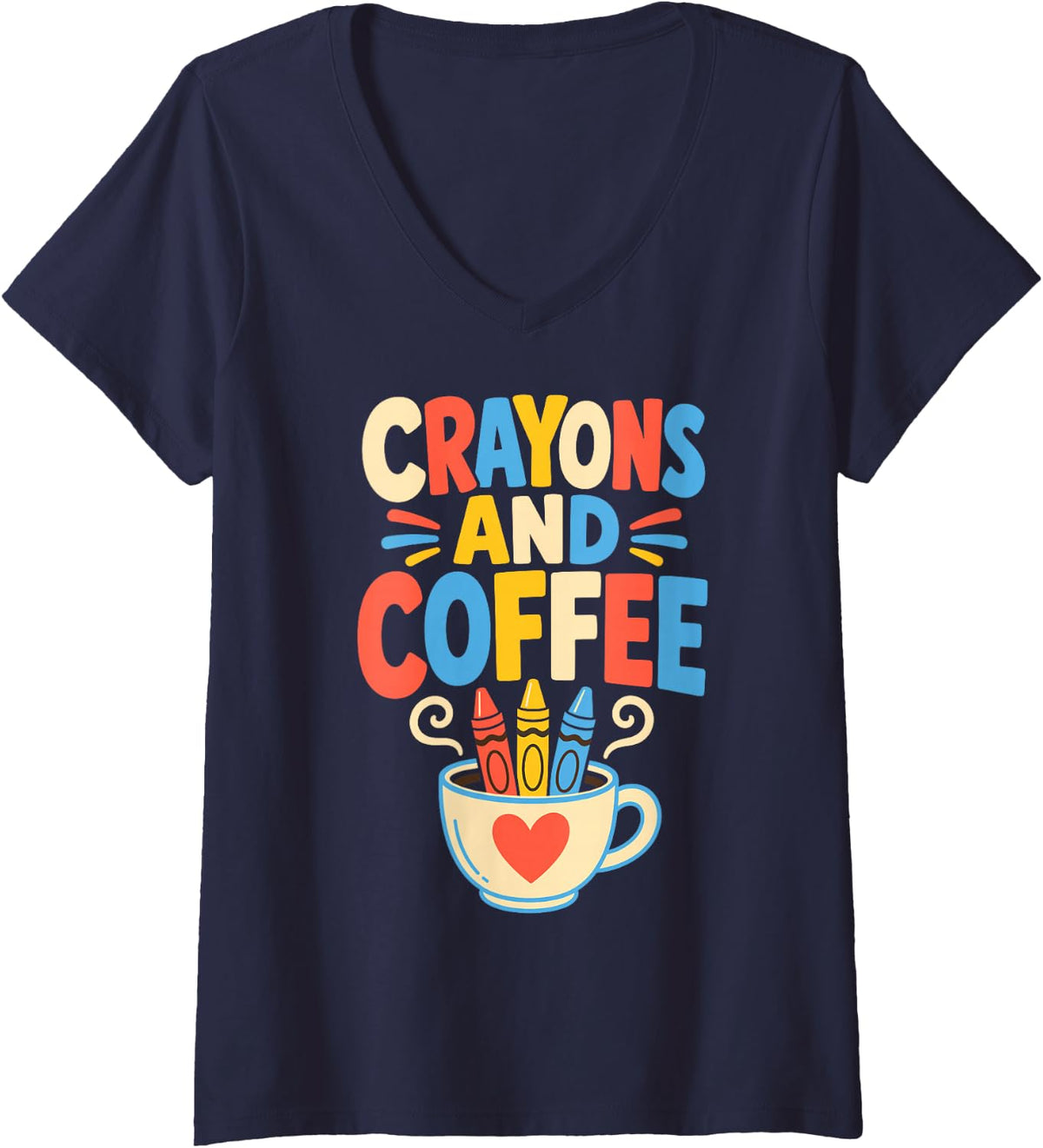 Women's Preschool Crayons and Coffee Teacher Daycare Humor V-Neck T-Shirt - Navy Blue