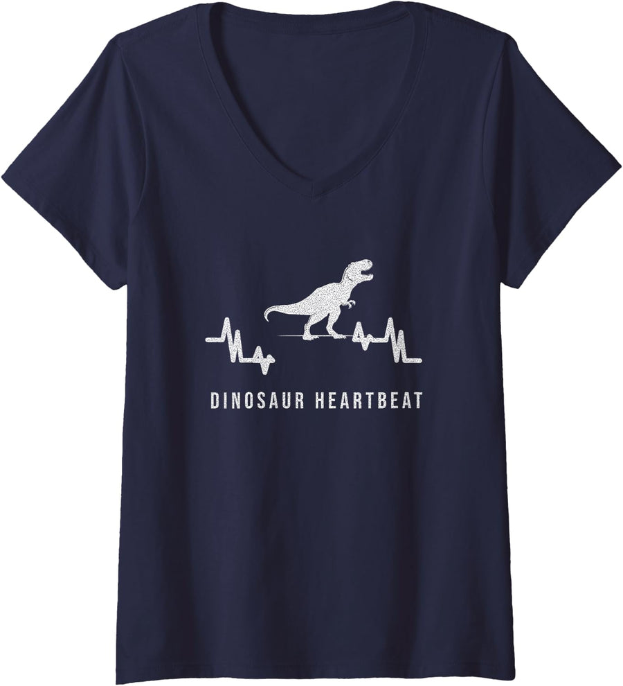 Women's Cretaceous - Dinosaur Heartbeat - Dino Lover Tyrannosaurus V-Neck T-Shirt - Navy Blue