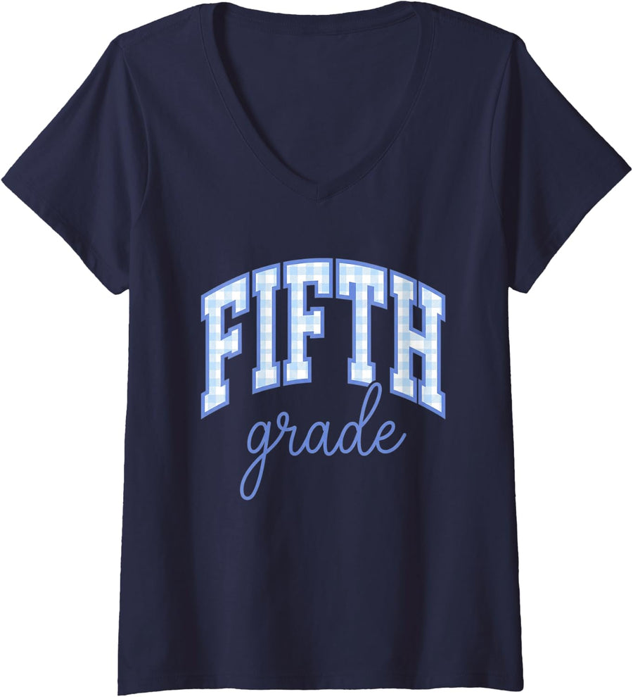 Women's Fifth Grade Back to School Teacher Student Plaid V-Neck T-Shirt - Navy Blue