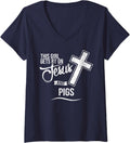 Women's This Girl Gets By On Jesus and Pigs Religious Pig V-Neck T-Shirt - Navy Blue