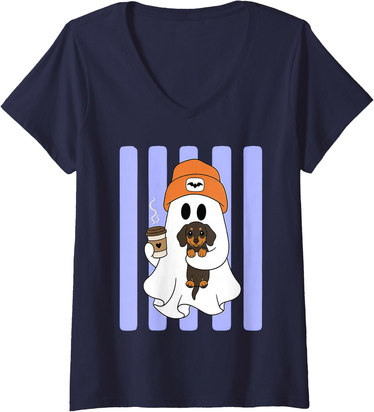 Women's Cute Ghost Dachshund Coffee Lover Dog Mom Striped Halloween V-Neck T-Shirt - Navy Blue