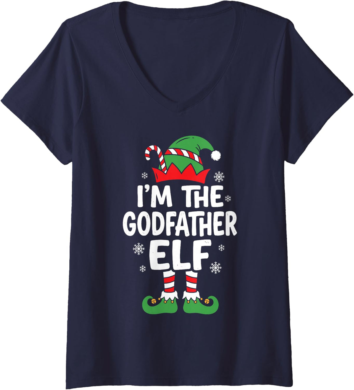 Women's I'm the Godfather Elf Christmas Pajama Party Matching Family V-Neck T-Shirt - Navy Blue