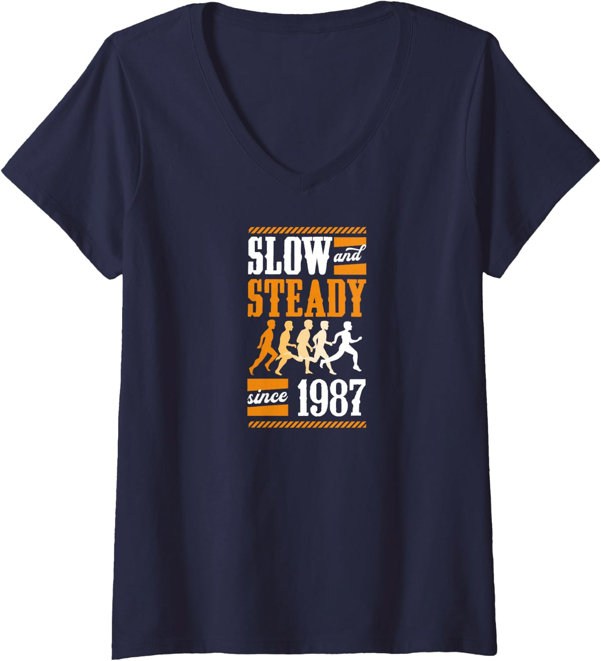 Women's Slow and Steady Since 1987 Birthday Year Cross Country V-Neck T-Shirt - Navy Blue
