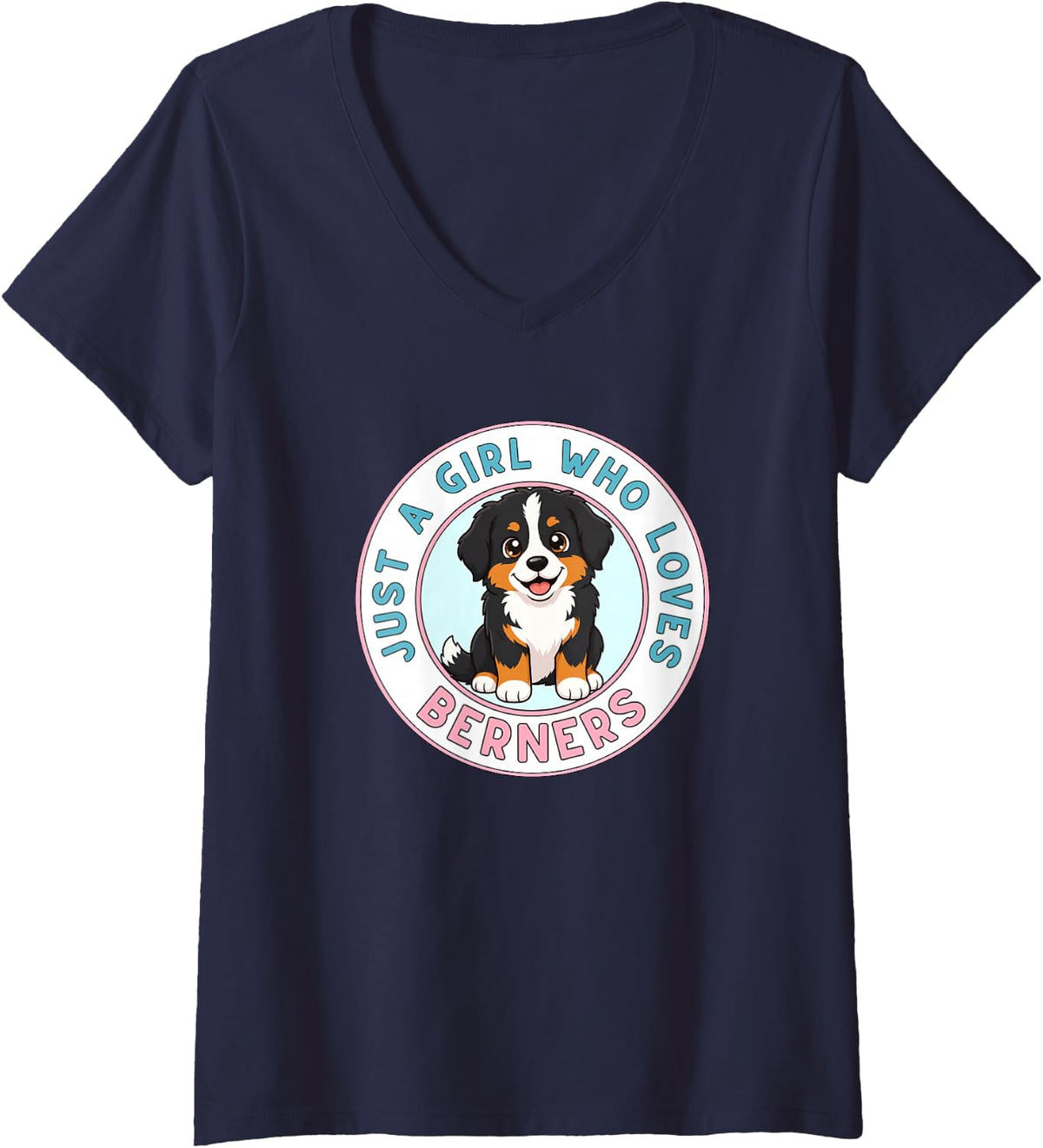 Women's Just A Girl Who Loves Berners Bernese Mountain Dog V-Neck T-Shirt - Navy Blue