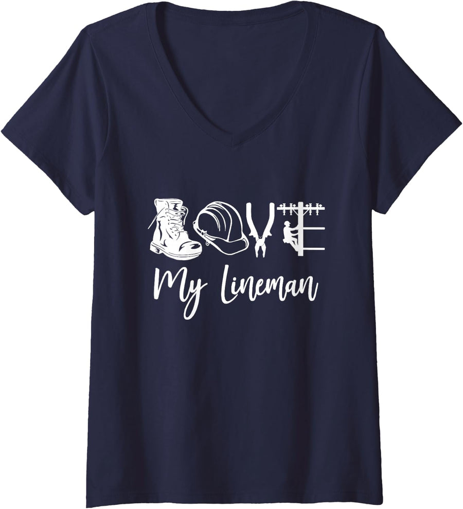 Women's My Lineman Wife Line Wife Linesman Linewife Girlfriend V-Neck T-Shirt - Navy Blue