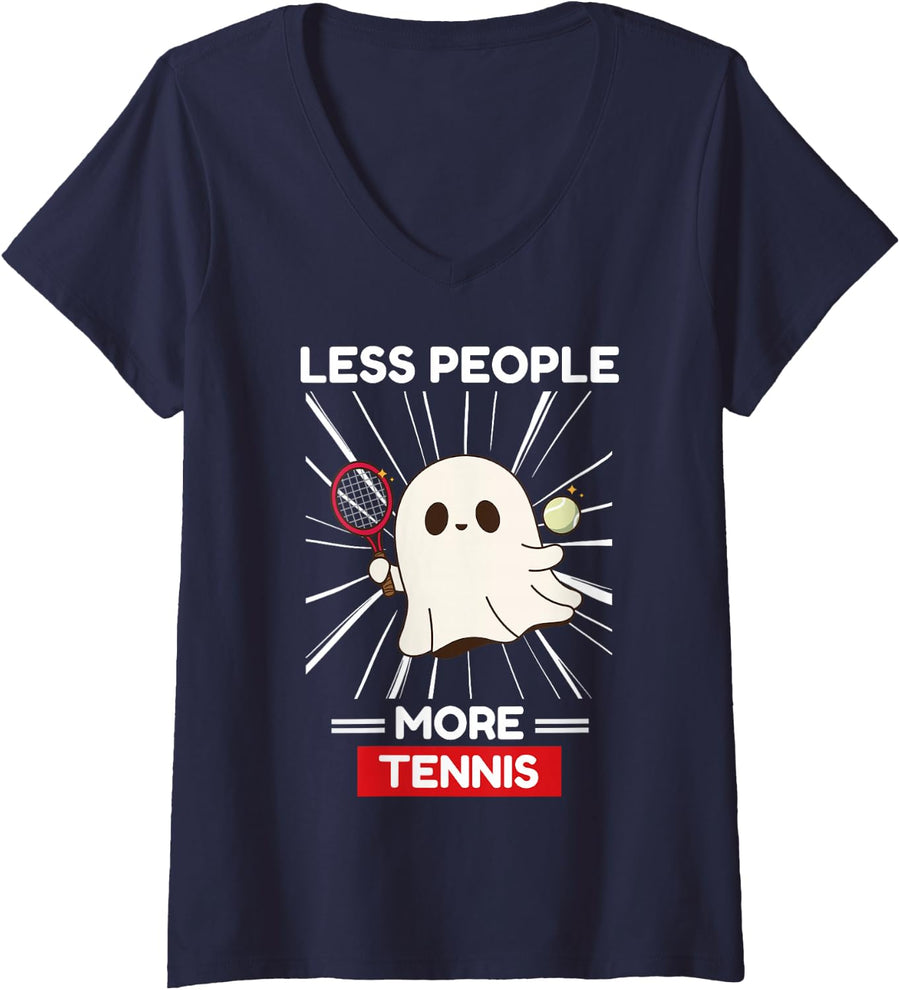 Women's Cute Kawaii Ghost Less People More Tennis Lover V-Neck T-Shirt - Navy Blue