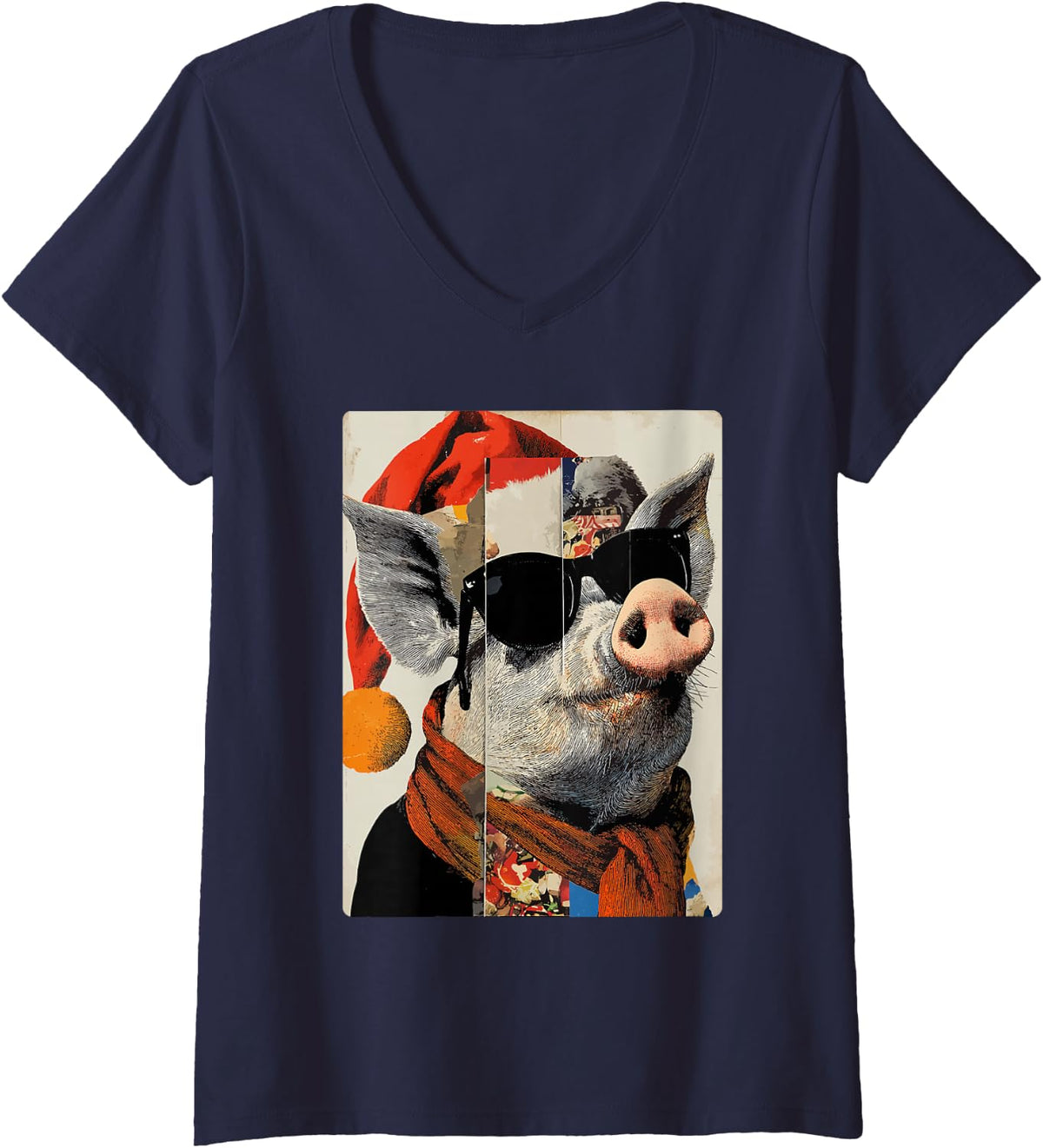 Women's Funny Christmas Pig with Sunglasses and Santa Hat Xmas V-Neck T-Shirt - Navy Blue