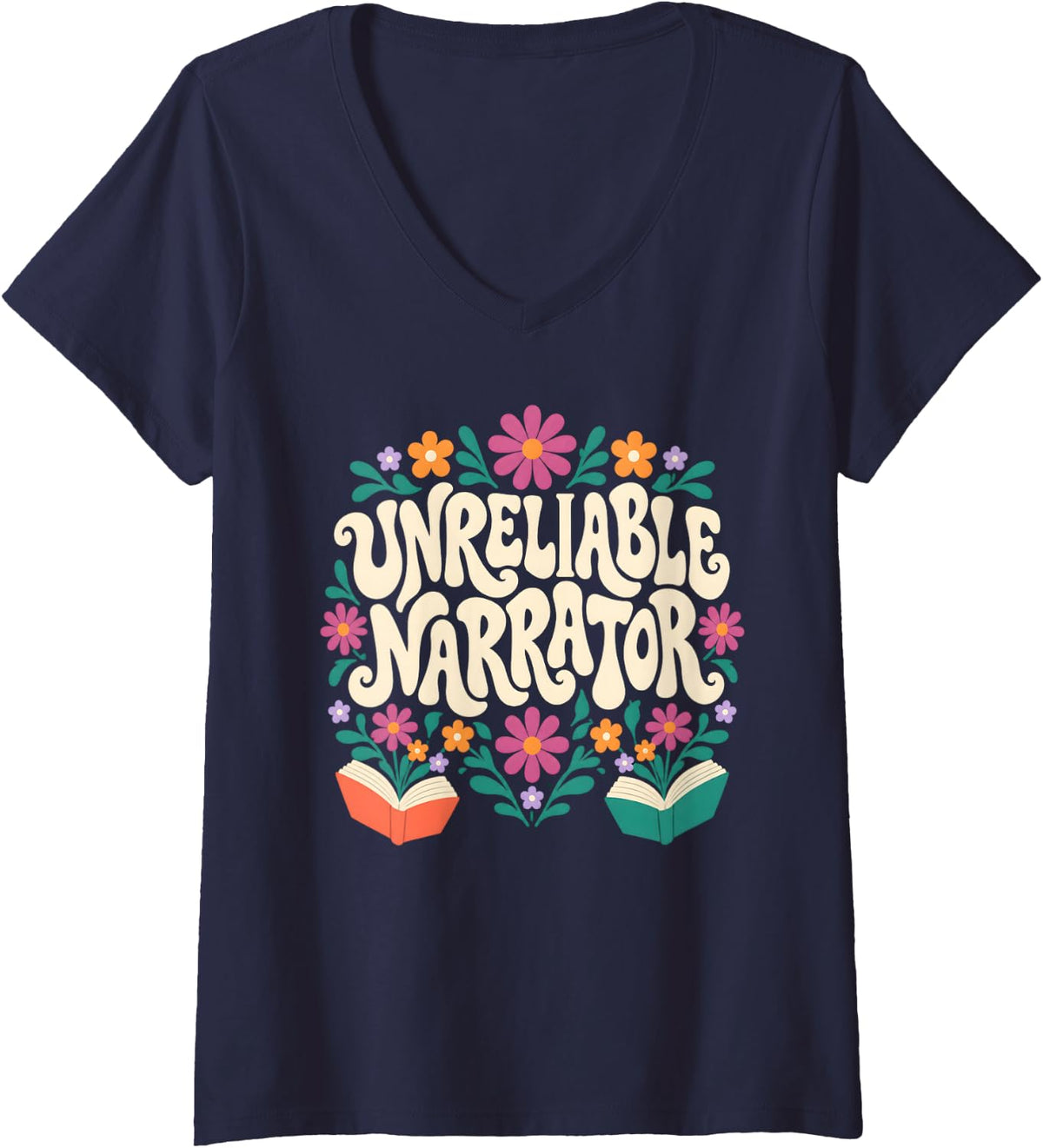 Women's Unreliable Narrator Bookish Reader Flowers Books V-Neck T-Shirt - Navy Blue