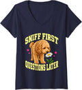 Women's Goldendoodle Sniff First Questions Later Dog Lover Fans V-Neck T-Shirt - Navy Blue