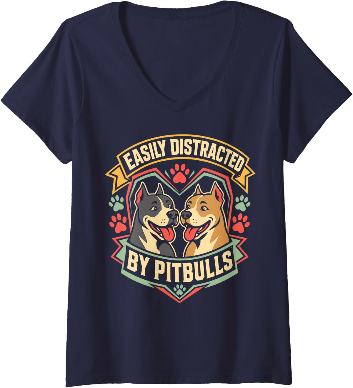 Women's Easily Distracted by Pitbulls V-Neck T-Shirt - Navy Blue