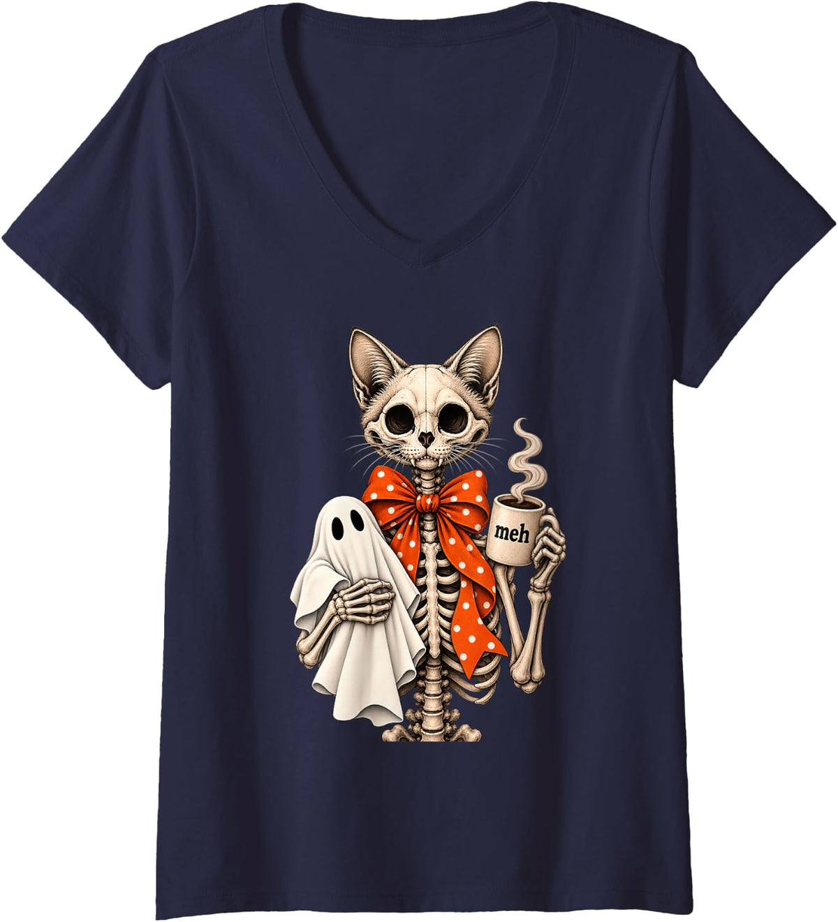 Women's Cat Skeleton Holding Ghost Halloween Coffee Lover V-Neck T-Shirt - Navy Blue