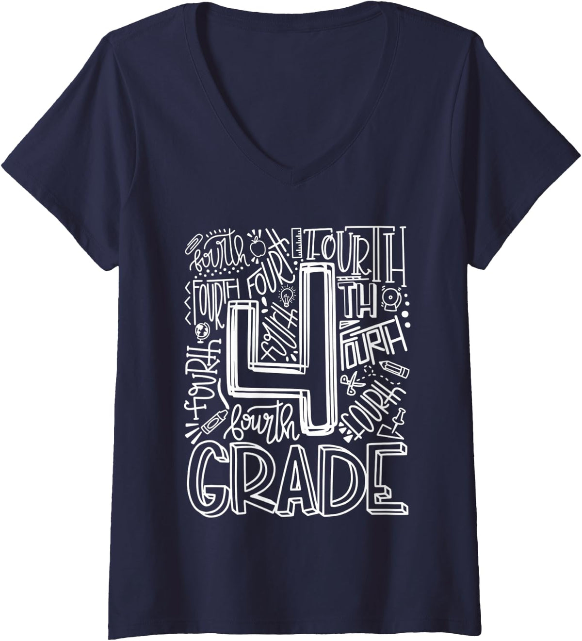 Women's 4th Grade Typography Fourth Grade Teacher Back to School V-Neck T-Shirt - Navy Blue