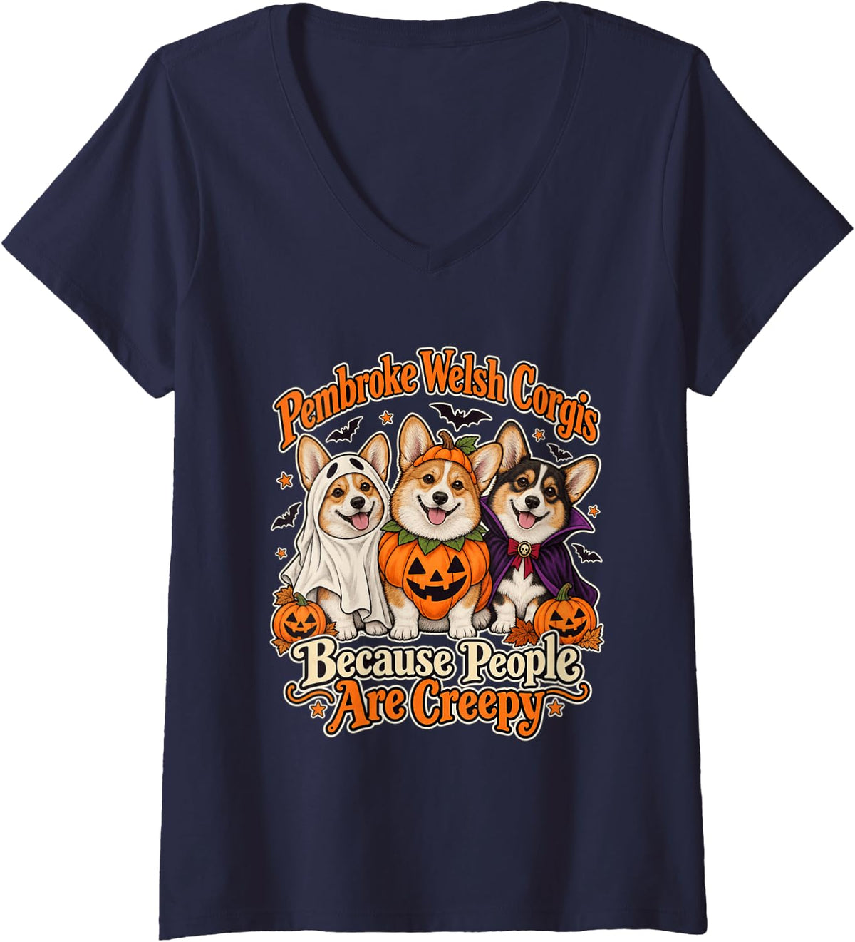 Women's Pembroke Welsh Corgis Because People are Creepy Spooky V-Neck T-Shirt - Navy Blue