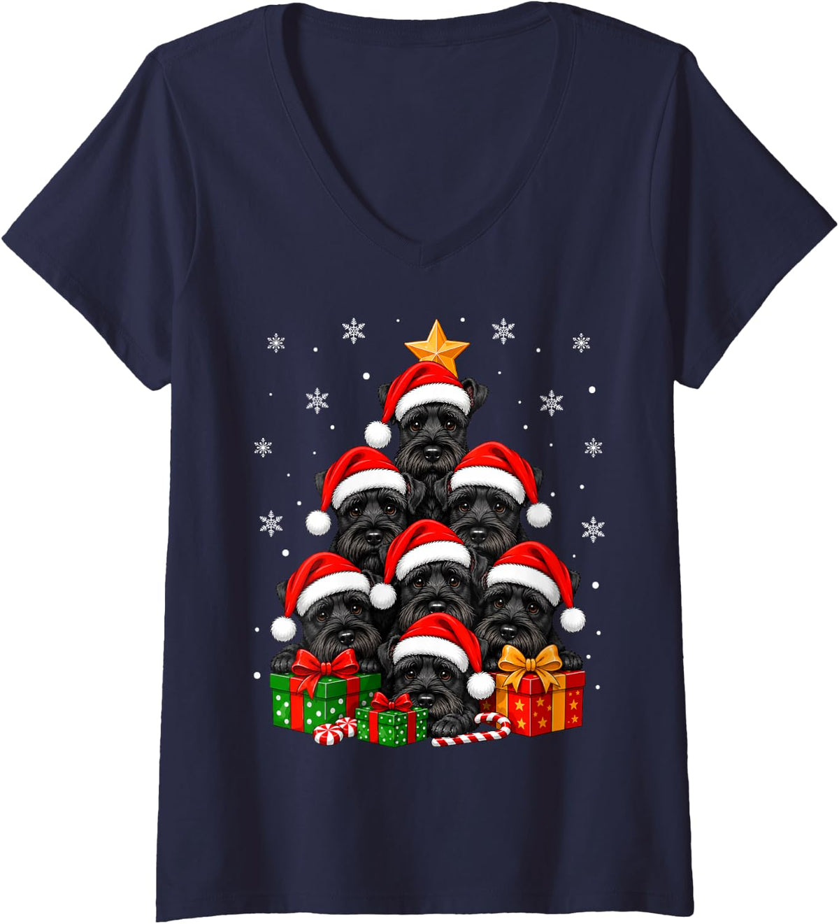 Women's Giant Schnauzer Dog Christmas Tree Cute Festive Dogs Xmas V-Neck T-Shirt - Navy Blue