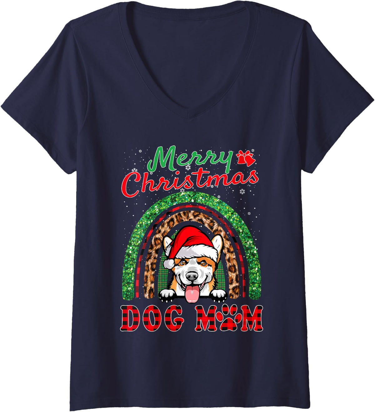 Women's Corgi Christmas Santa Hat Dog Mom Boho Rainbow Xmas V-Neck T-Shirt - Navy Blue