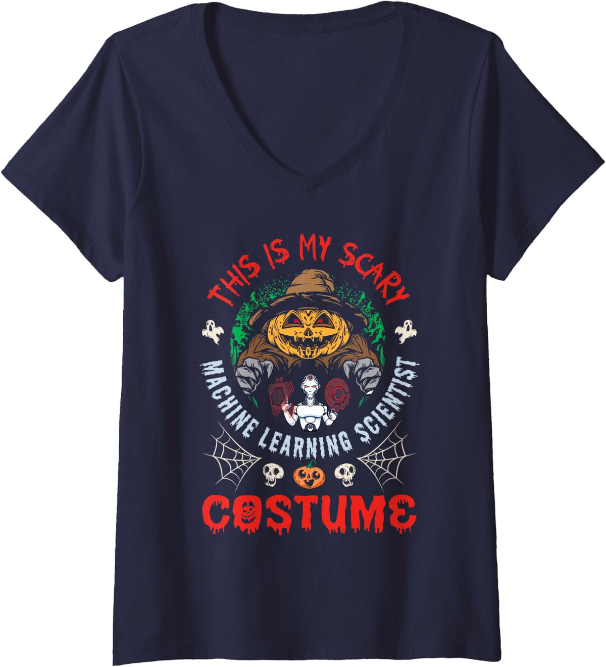 Women's Halloween Artificial Intelligence Machine Learning Scientist V-Neck T-Shirt - Navy Blue