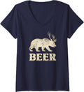 Women's Vintage Bear Deer Funny Beer V-Neck T-Shirt - Navy Blue