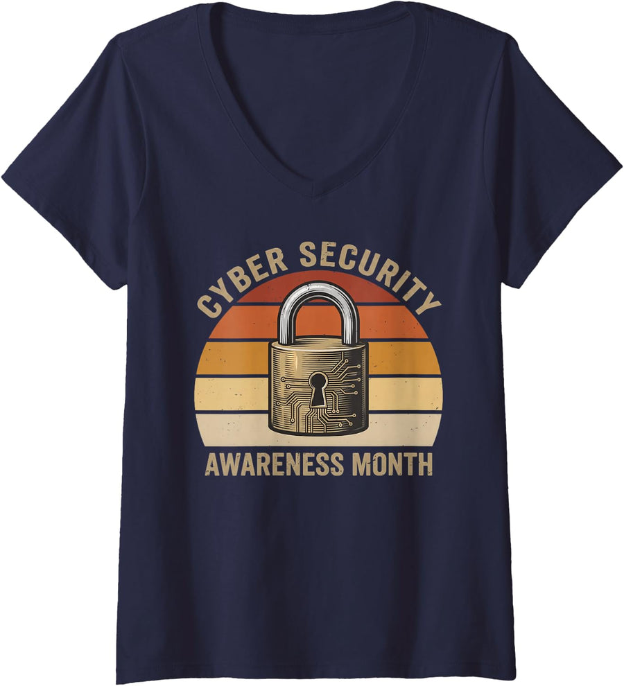Women's Cyber Security Awareness Month National IT Infosec Padlock V-Neck T-Shirt - Navy Blue