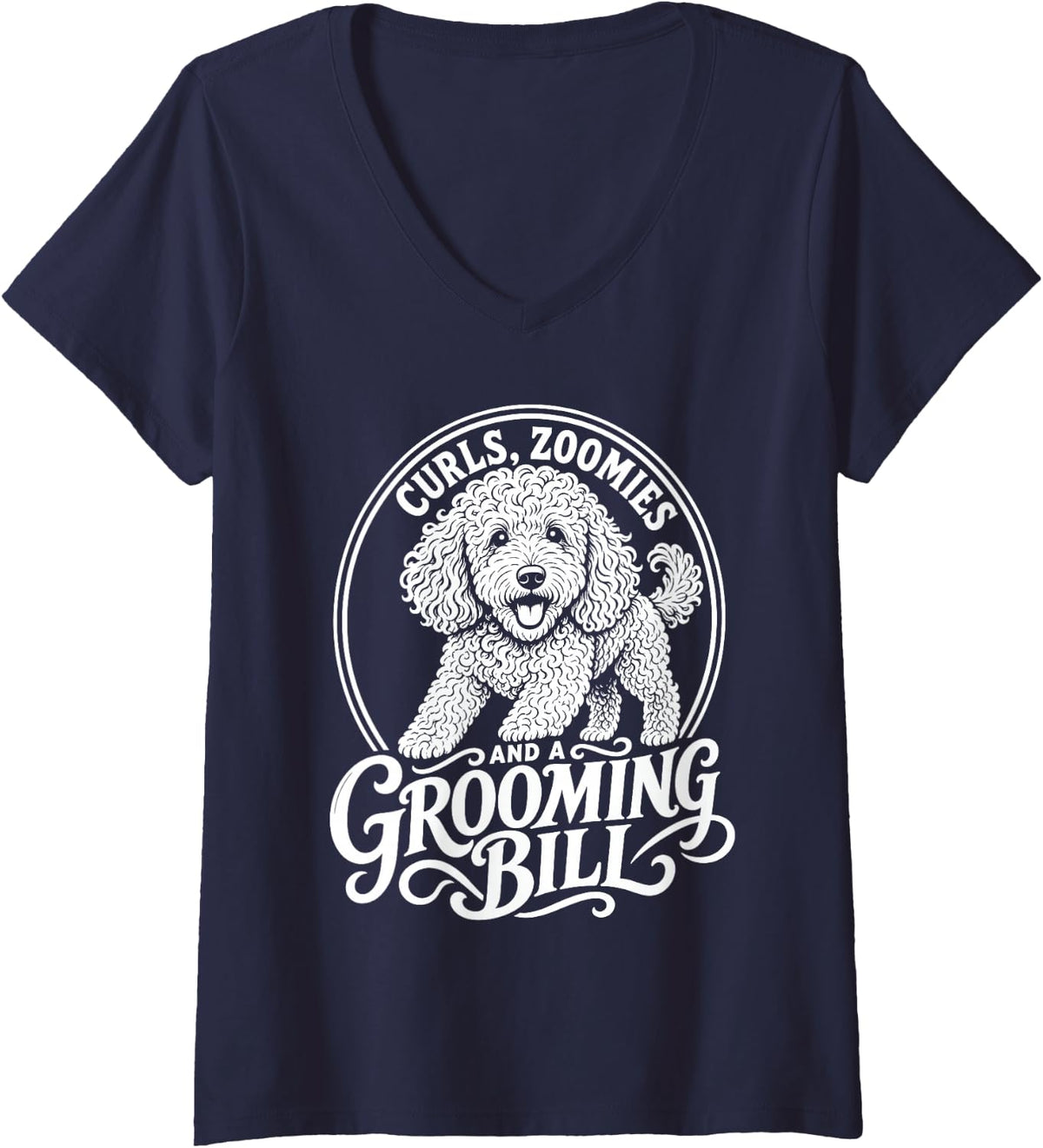 Women's Goldendoodle Dog Lover Grooming Bill Zoomies V-Neck T-Shirt - Navy Blue