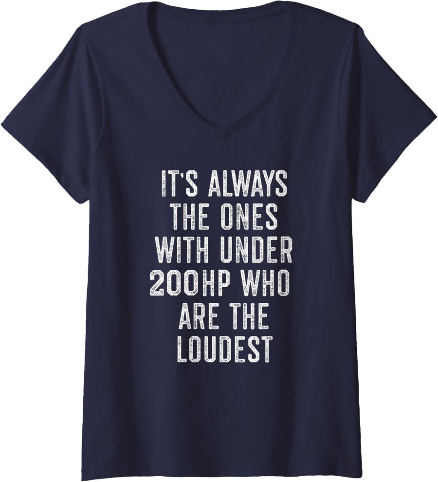 Women's Under 200hp Horsepower Car Racing Auto V-Neck T-Shirt - Navy Blue