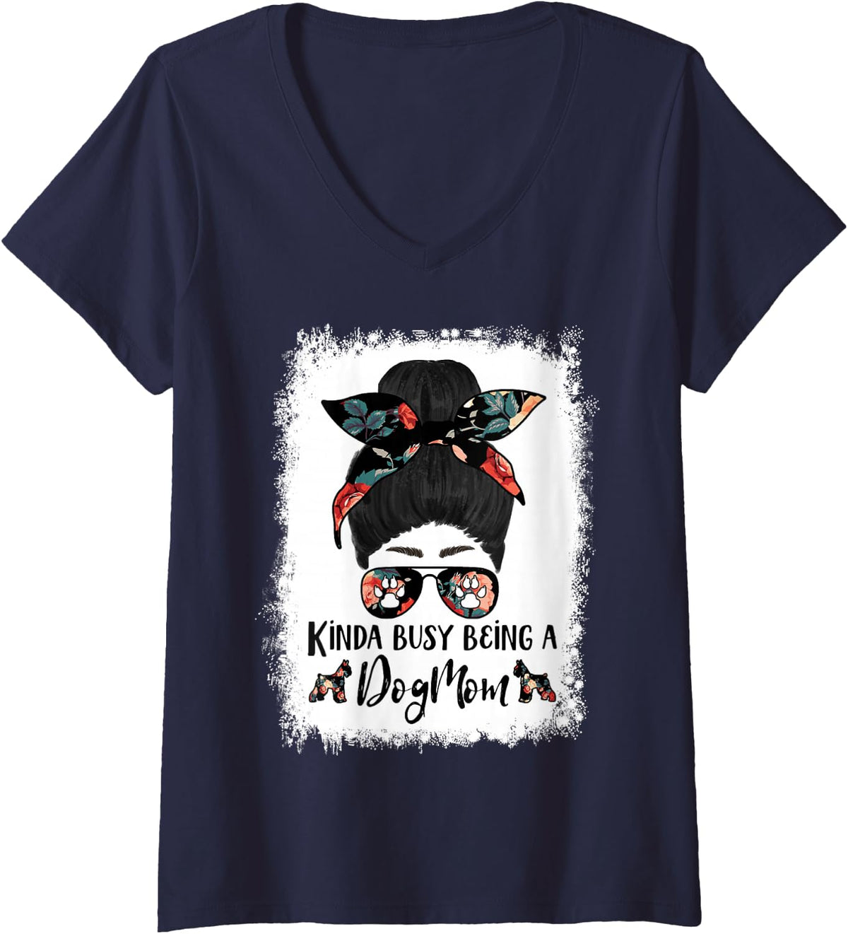Women's Giant Schnauzer Kinda Busy Being A Dog Mom Funny Messy Bun V-Neck T-Shirt - Navy Blue