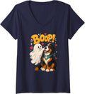 Women's Halloween Bernese Mountain Dog Ghost Boop V-Neck T-Shirt - Navy Blue