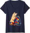 Women's Visible Mending Alpaca Patchwork Sewing Design V-Neck T-Shirt - Navy Blue