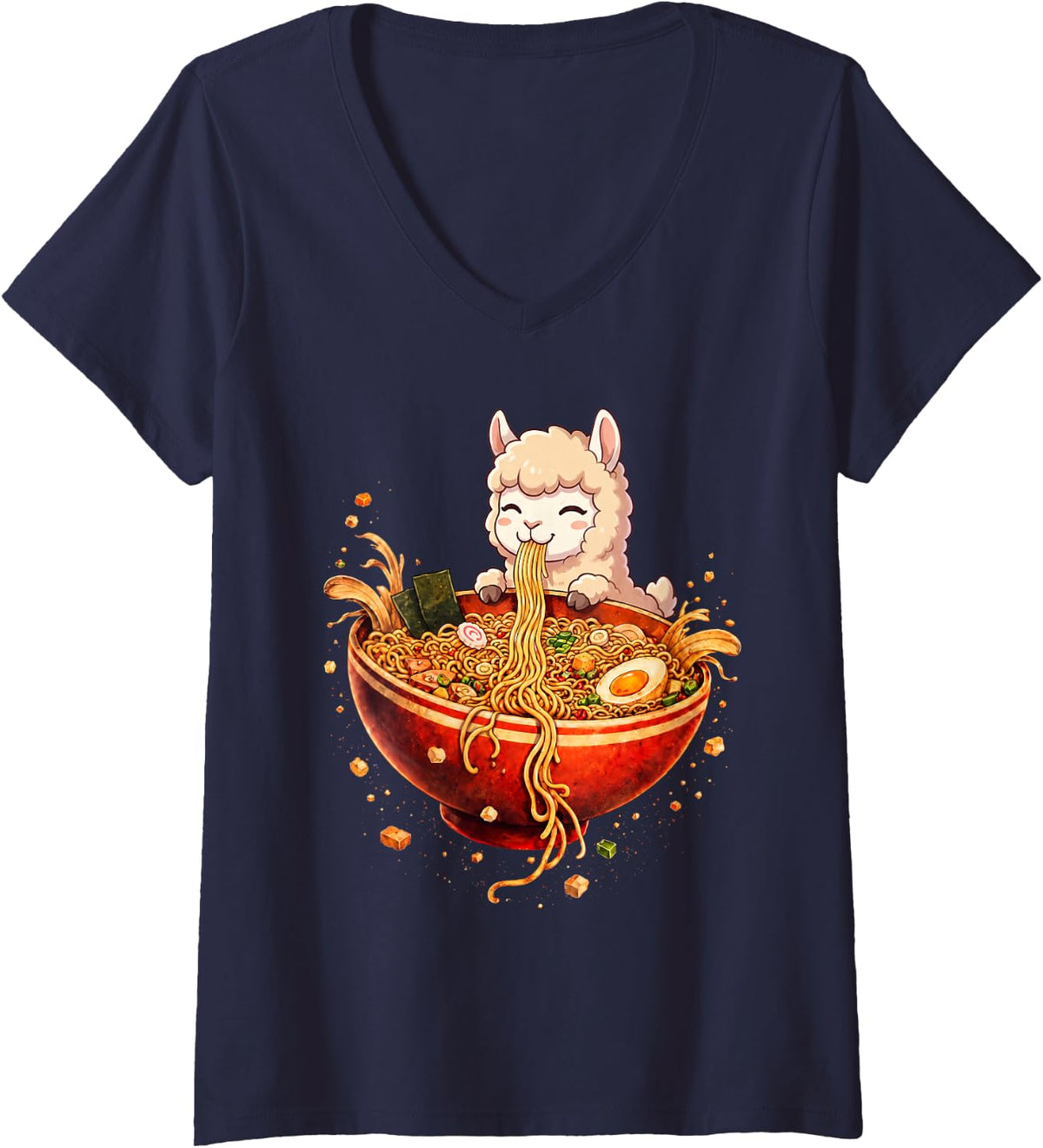 Women's Alpaca Ramen Japanese Art Llama Anime Graphic Tee Kawaii V-Neck T-Shirt - Navy Blue