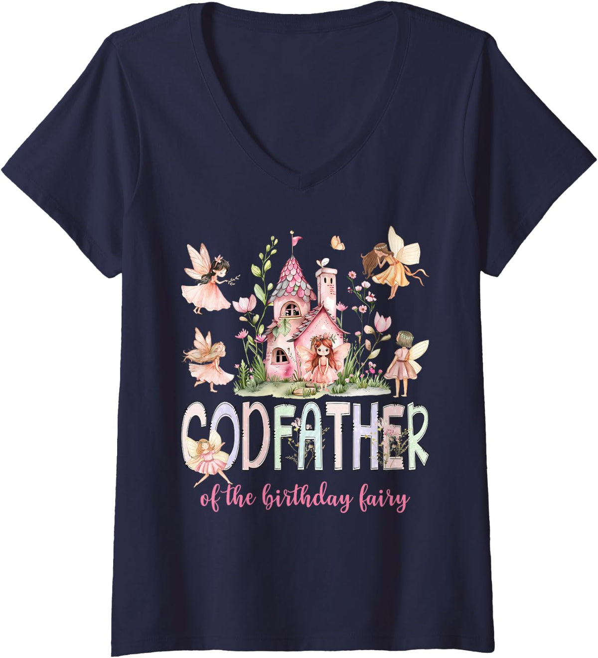 Women's Godfather of The Birthday Fairy Magical Girl Matching V-Neck T-Shirt - Navy Blue