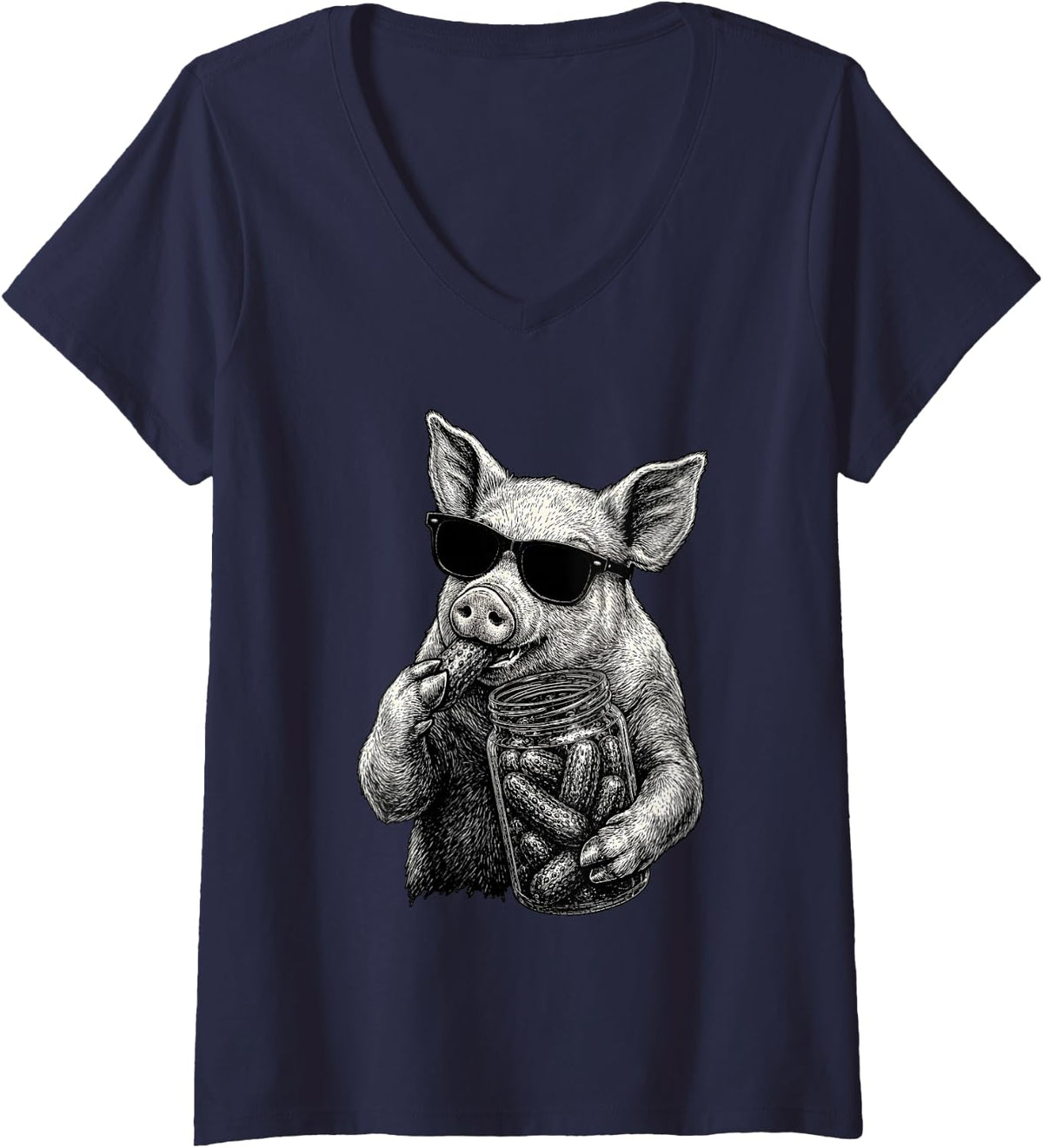 Women's Pig Eating Pickles Funny Animal Men Women V-Neck T-Shirt - Navy Blue