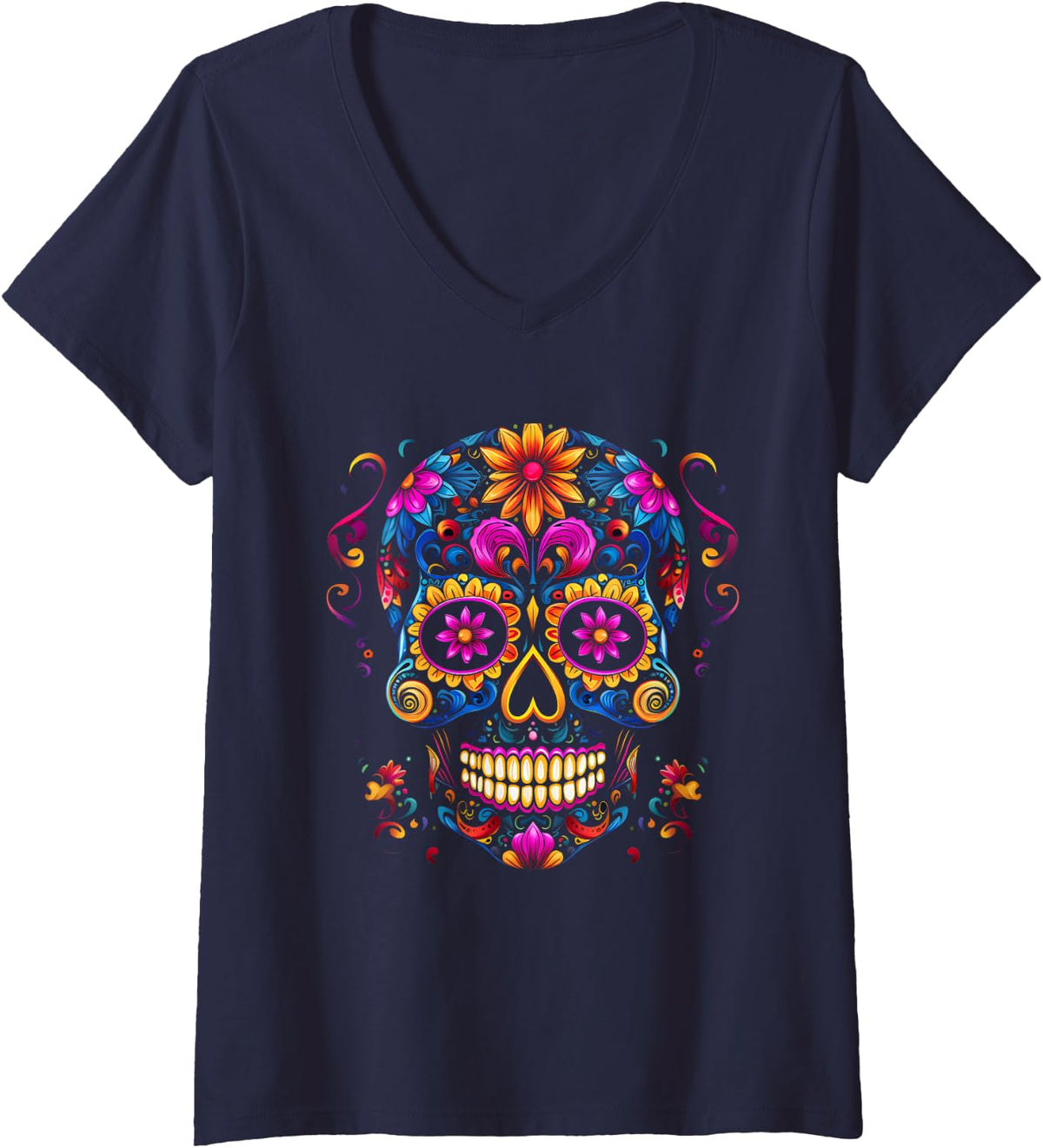 Womens Cinco De Mayo Sugar Skull Dia De Los Muertos Day Of Dead V-Neck T-Shirt - Navy Blue