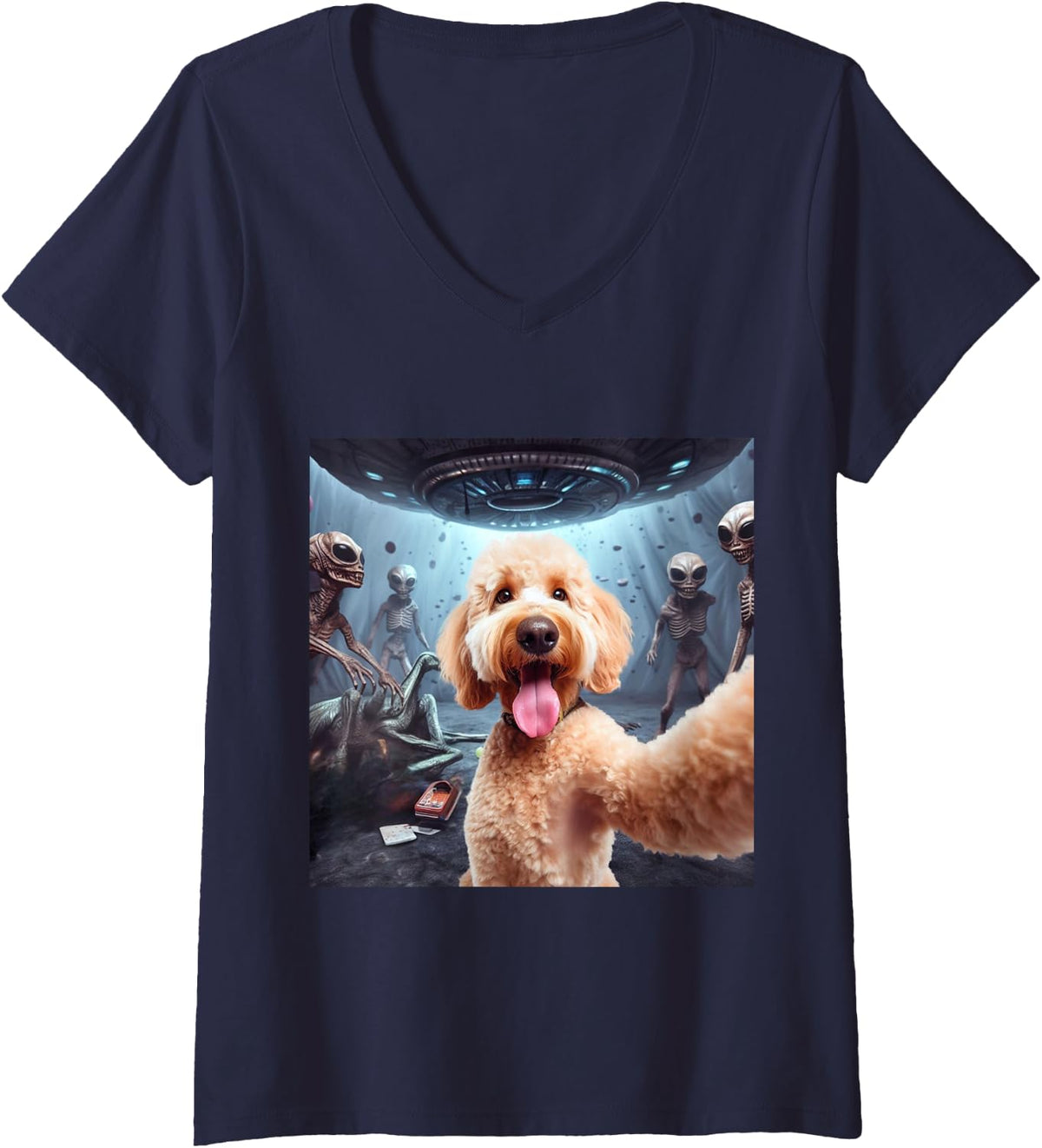 Women's Goldendoodle Selfie UFO Alien Invasion V-Neck T-Shirt - Navy Blue