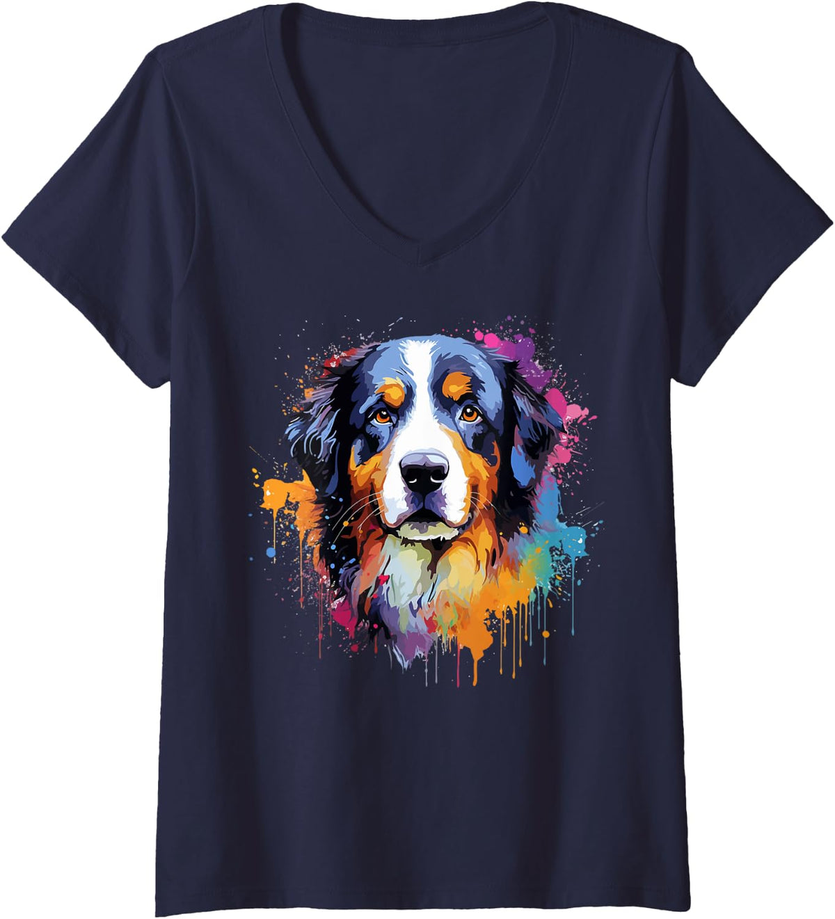 Womens Dog Bernese Mountain Colorful Splash Art V-Neck T-Shirt - Navy Blue