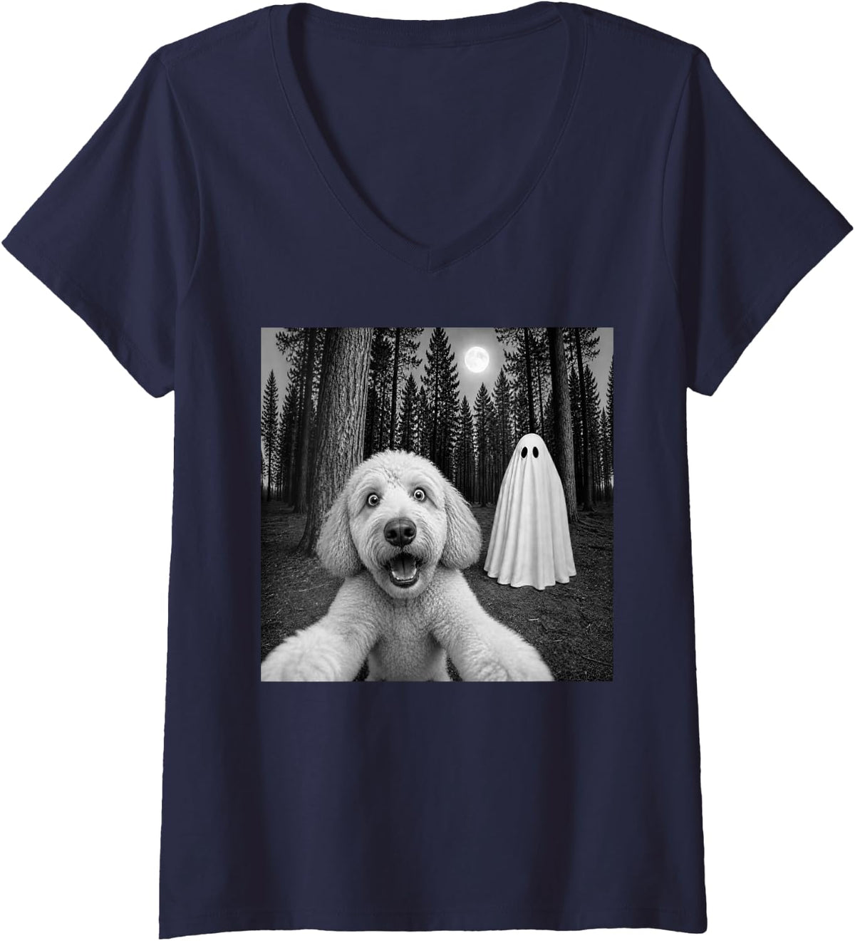 Women's Spooky Goldendoodle Selfie with Ghost Halloween Dog V-Neck T-Shirt - Navy Blue