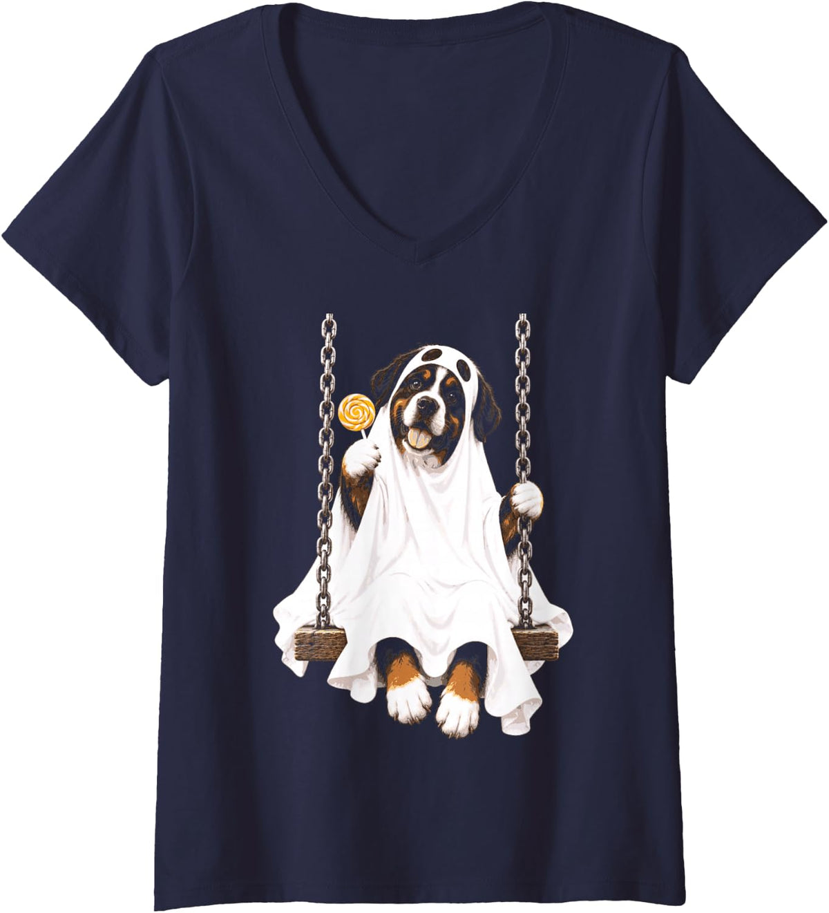 Women's Halloween Bernese Mountain Dog Ghost Costume On Swing V-Neck T-Shirt - Navy Blue